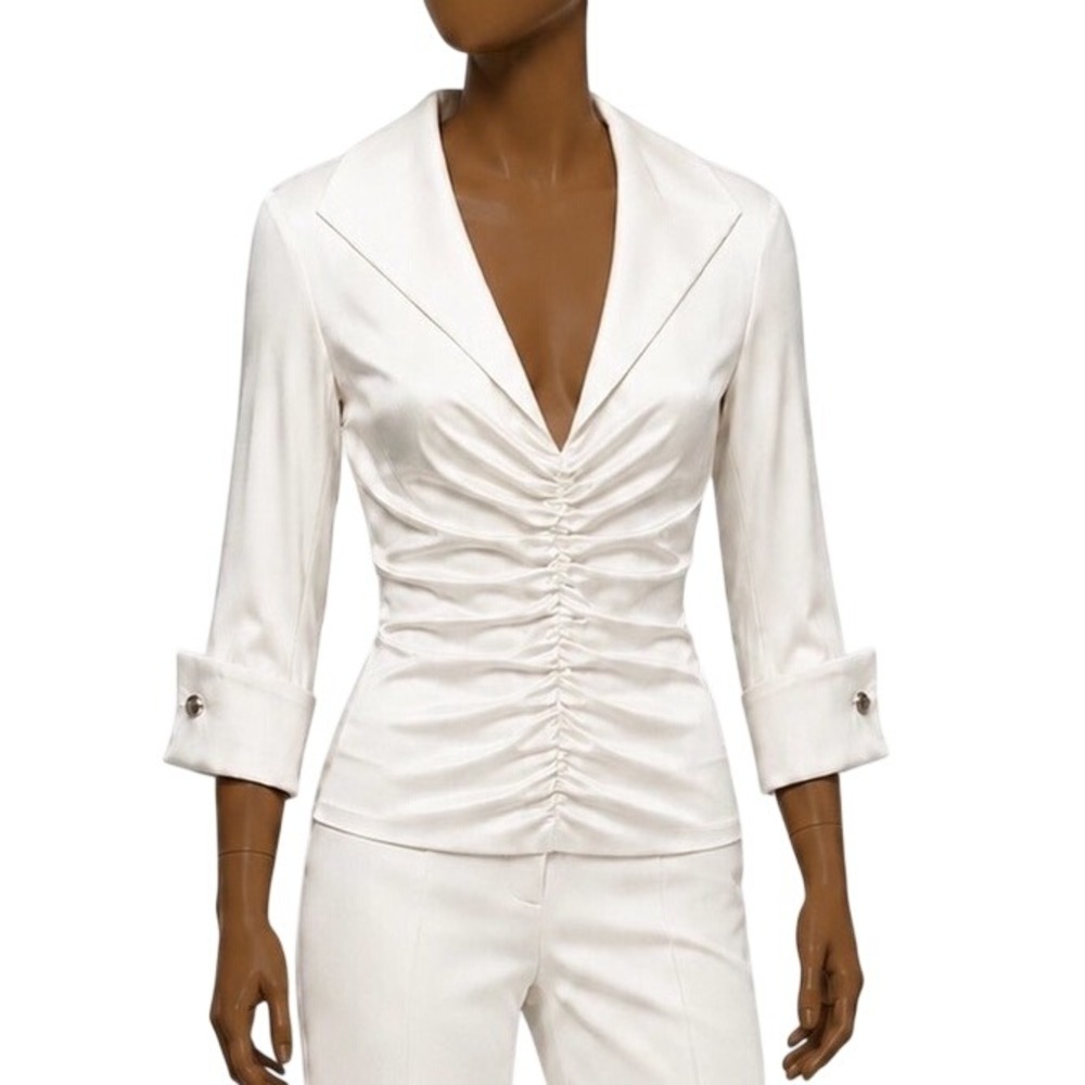 TADASHI SHOJI Ivory Ruched Stretch Full-Zip Statement Blouse | Women's Sz 8